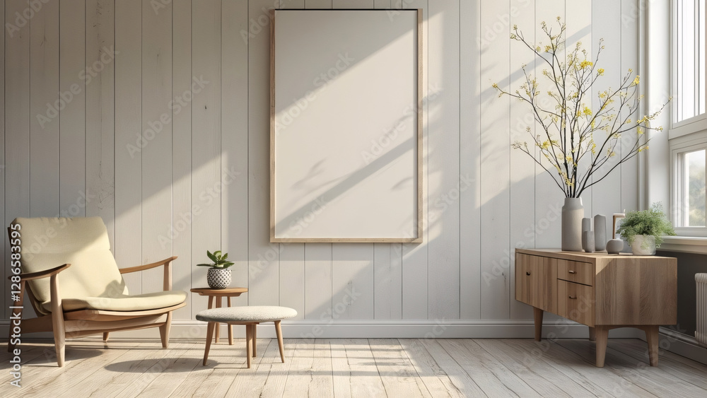 Fototapeta premium Minimalist Interior with Wooden Chair and Decorative Vase