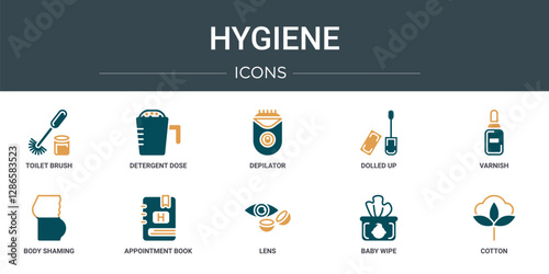 set of 10 outline web hygiene icons such as toilet brush, detergent dose, depilator, dolled up, varnish, body shaming, appointment book vector icons for report, presentation, diagram, web design,
