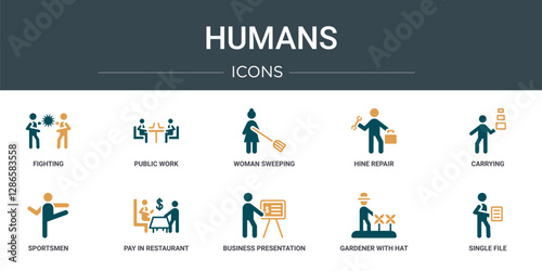 set of 10 outline web humans icons such as fighting, public work, woman sweeping, hine repair, carrying, sportsmen, pay in restaurant vector icons for report, presentation, diagram, web design,