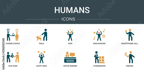 set of 10 outline web humans icons such as cooker couple, walk, pain, man dancing, smartphone call, give over, happy man vector icons for report, presentation, diagram, web design, mobile app