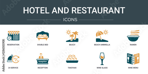 set of 10 outline web hotel and restaurant icons such as reservation, double bed, beach, beach umbrella, ramen, 24 service, reception vector icons for report, presentation, diagram, web design,