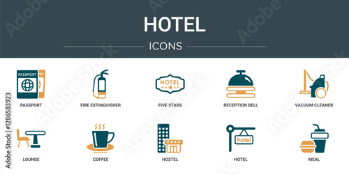 set of 10 outline web hotel icons such as passport, fire extinguisher, five stars, reception bell, vacuum cleaner, lounge, coffee vector icons for report, presentation, diagram, web design, mobile