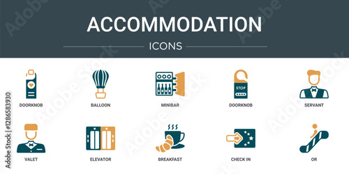 set of 10 outline web accommodation icons such as doorknob, balloon, minibar, doorknob, servant, valet, elevator vector icons for report, presentation, diagram, web design, mobile app