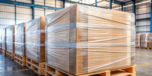 A close-up image of stretch wrapping film wrapped tightly around a pallet with multiple packages secured, highlighting its protective features, pallet wrapping, supply chain protection