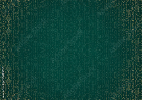 Wallpaper Mural Hand-drawn unique abstract ornament. Light green on a dark cold green background, with vignette in golden glitter. Paper texture. Digital artwork, A4. (pattern: p14b) Torontodigital.ca