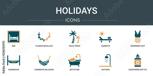set of 10 outline web holidays icons such as bed, flower necklace, palm trees, sunbath, swimming suit, hammocks, hammock relaxing vector icons for report, presentation, diagram, web design, mobile