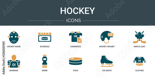 set of 10 outline web hockey icons such as hockey mask, schedule, commerce, hockey helmet, maple leaf, bowman, drink vector icons for report, presentation, diagram, web design, mobile app