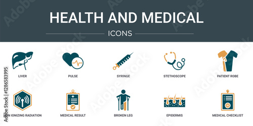 set of 10 outline web health and medical icons such as liver, pulse, syringe, stethoscope, patient robe, non ionizing radiation, medical result vector icons for report, presentation, diagram, web