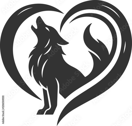 A silhouette of a wolf howling inside a heart shaped frame animal vector