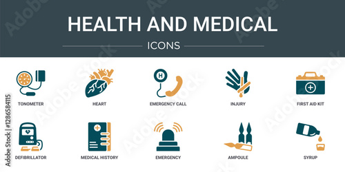set of 10 outline web health and medical icons such as tonometer, heart, emergency call, injury, first aid kit, defibrillator, medical history vector icons for report, presentation, diagram, web