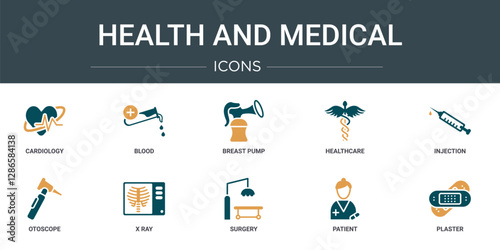 set of 10 outline web health and medical icons such as cardiology, blood, breast pump, healthcare, injection, otoscope, x ray vector icons for report, presentation, diagram, web design, mobile app