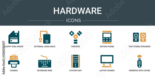 set of 10 outline web hardware icons such as floppy disk upside down, external hard drive, firewire, keypad phone, two stereo speakers, camera, keyboard wire vector icons for report, presentation,