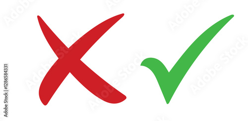 Green check mark, red cross, x mark icon set, right and wrong hand drawn vector sign concept. Correct vote choice and rejection isolated symbol