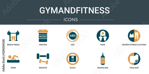 set of 10 outline web gymandfitness icons such as bench press, protein, abs, rope, women fitness clothing, swim, weights vector icons for report, presentation, diagram, web design, mobile app