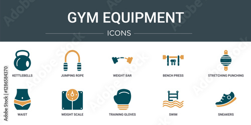 set of 10 outline web gym equipment icons such as kettlebells, jumping rope, weight bar, bench press, stretching punching ball, waist, weight scale vector icons for report, presentation, diagram,