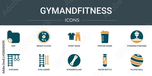 set of 10 outline web gymandfitness icons such as mat, weight plates, sport wear, protein shake, standing punching ball, gym bars, gym ladder vector icons for report, presentation, diagram, web