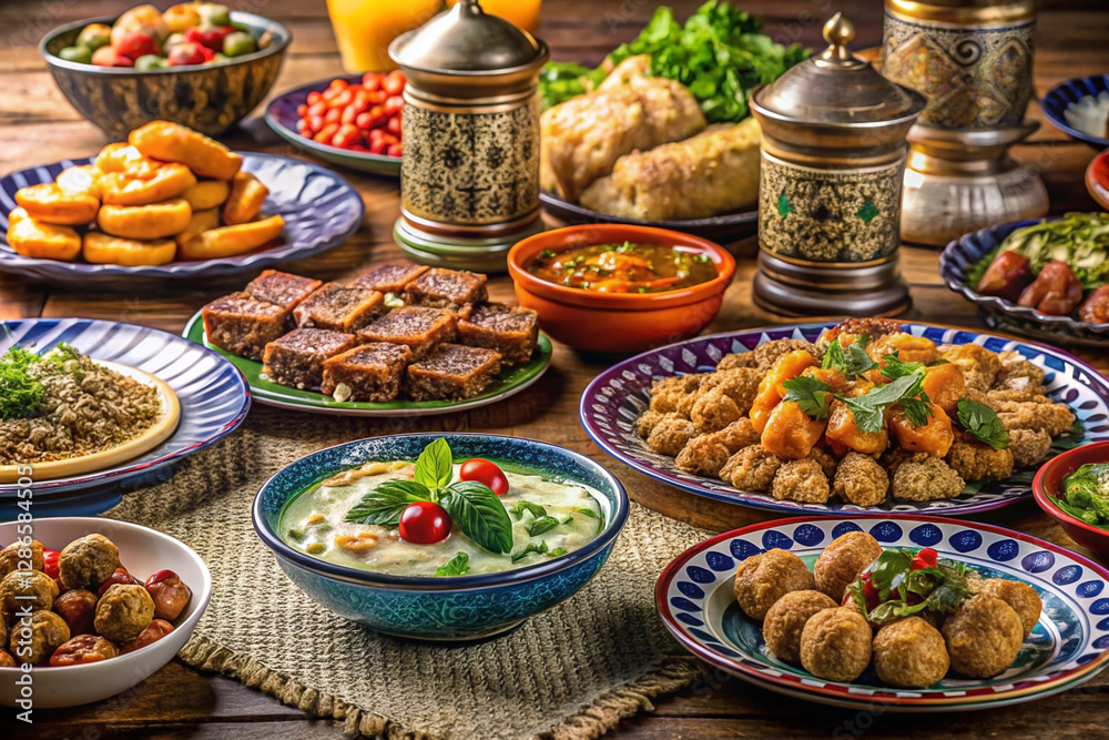 Abundant Middle Eastern feast with various dishes, including meatball, pastries, dips, and fruits, on a rustic wooden table. Abundant Middle Eastern feast with various dishes, including meatball, pastries, dips, and fruits, on a rustic wooden table.