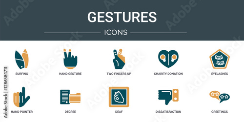 set of 10 outline web gestures icons such as surfing, hand gesture, two fingers up, charity donation, eyelashes, hand pointer, decree vector icons for report, presentation, diagram, web design,