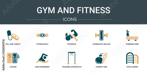 set of 10 outline web gym and fitness icons such as pill and tablet, fitness belt, steroids, gymnastic roller, running hine, locker, man swimming vector icons for report, presentation, diagram, web