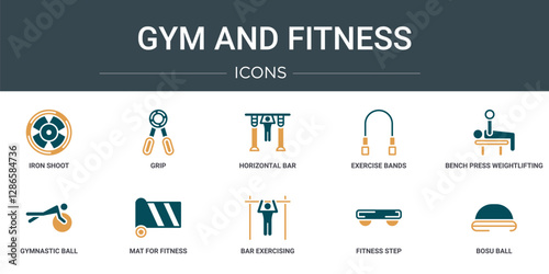 set of 10 outline web gym and fitness icons such as iron shoot, grip, horizontal bar, exercise bands, bench press weightlifting, gymnastic ball, mat for fitness vector icons for report,