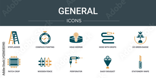 set of 10 outline web general icons such as stepladder, compass pointing south east, head mirror, hose with drops, go green badge, patch crop, wooden fence vector icons for report, presentation,