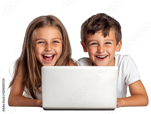 Joyful children laughing together in front of a laptop showcasing happiness and playful moments