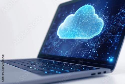 Laptop screen displays a glowing blue cloud network, symbolizing cloud computing and data connectivity.