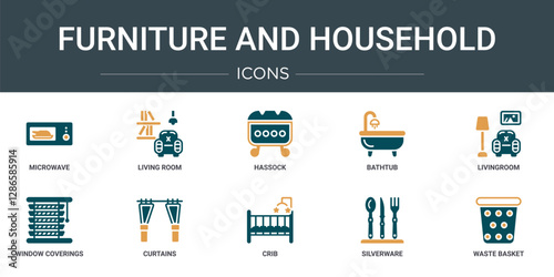 set of 10 outline web furniture and household icons such as microwave, living room, hassock, bathtub, livingroom, window coverings, curtains vector icons for report, presentation, diagram, web