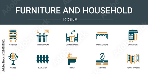 set of 10 outline web furniture and household icons such as cabinet, dining room, dinner table, table linens, davenport, globe, radiator vector icons for report, presentation, diagram, web design,