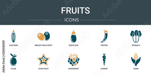 set of 10 outline web fruits icons such as zucchini, breast milk fruit, eggplant, pepper, spinach, plum, star fruit vector icons for report, presentation, diagram, web design, mobile app