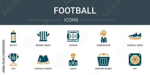 set of 10 outline web football icons such as bottle, referee jersey, stadium, commentator, football shoes, cup, football shorts vector icons for report, presentation, diagram, web design, mobile app