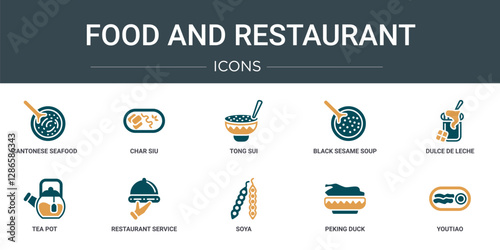 set of 10 outline web food and restaurant icons such as cantonese seafood soup, char siu, tong sui, black sesame soup, dulce de leche, tea pot, restaurant service vector icons for report,