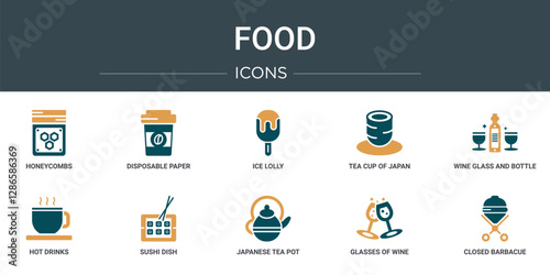 set of 10 outline web food icons such as honeycombs, disposable paper cup, ice lolly, tea cup of japan, wine glass and bottle, hot drinks, sushi dish vector icons for report, presentation, diagram,