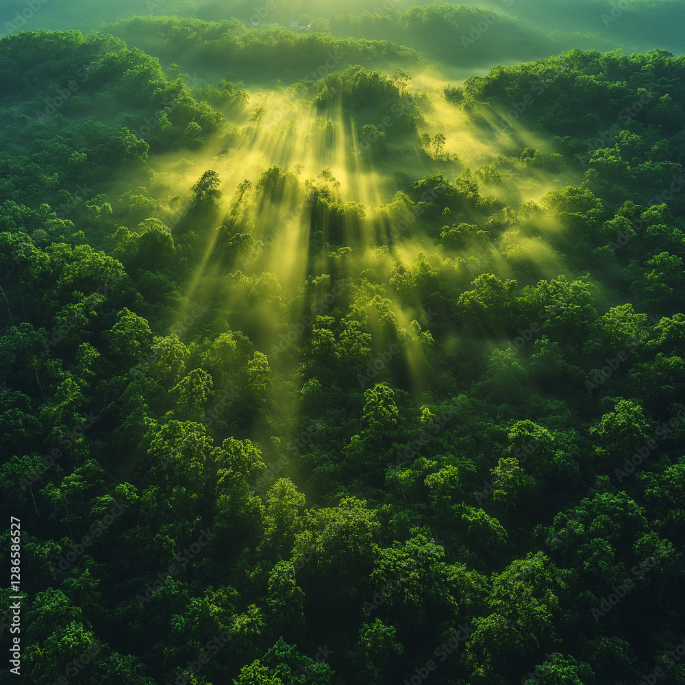 Obraz premium Breathtaking aerial view of a vast emerald-green rainforest with misty treetops at sunrise, sun rays casting a golden glow over dense untouched foliage Generative AI