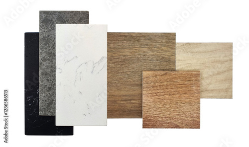 interior material samples board in top view including black, gray and white artificial stones, set of wooden laminated flooring tiles isolated on background with clipping path. mood and tone board.