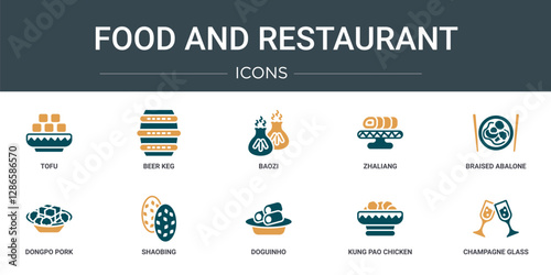 set of 10 outline web food and restaurant icons such as tofu, beer keg, baozi, zhaliang, braised abalone, dongpo pork, shaobing vector icons for report, presentation, diagram, web design, mobile app