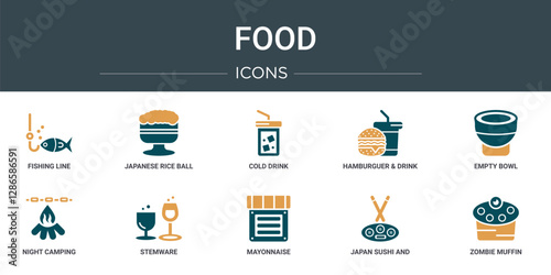 set of 10 outline web food icons such as fishing line, japanese rice ball in a bowl, cold drink, hamburguer & drink, empty bowl, night camping, stemware vector icons for report, presentation,