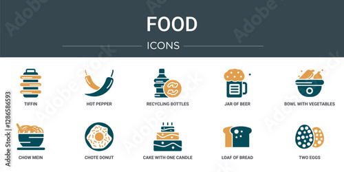 set of 10 outline web food icons such as tiffin, hot pepper, recycling bottles, jar of beer, bowl with vegetables, chow mein, chote donut vector icons for report, presentation, diagram, web design,