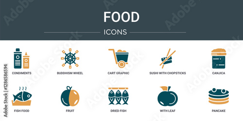 set of 10 outline web food icons such as condiments, buddhism wheel, cart graphic, sushi with chopsticks from japan, canjica, fish food, fruit vector icons for report, presentation, diagram, web