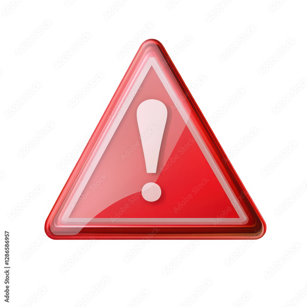 3D red triangle icon with an exclamation mark, vector illustration on a transparent background