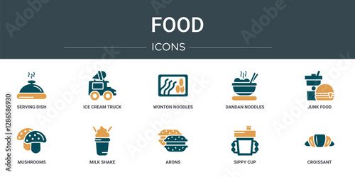 set of 10 outline web food icons such as serving dish, ice cream truck, wonton noodles, dandan noodles, junk food, mushrooms, milk shake vector icons for report, presentation, diagram, web design,