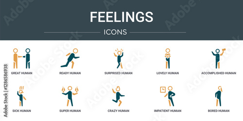 set of 10 outline web feelings icons such as great human, ready human, surprised human, lovely accomplished sick super vector icons for report, presentation, diagram, web design, mobile app