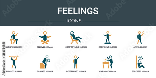 set of 10 outline web feelings icons such as satisfied human, relieved human, comfortable human, confident awful pumped drained vector icons for report, presentation, diagram, web design, mobile app