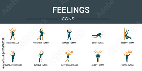set of 10 outline web feelings icons such as fresh human, pissed off human, amazed human, down sleepy frustrated curious vector icons for report, presentation, diagram, web design, mobile app
