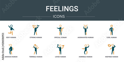 set of 10 outline web feelings icons such as sexy human, strong human, special human, aggravated cool anxious terrible vector icons for report, presentation, diagram, web design, mobile app