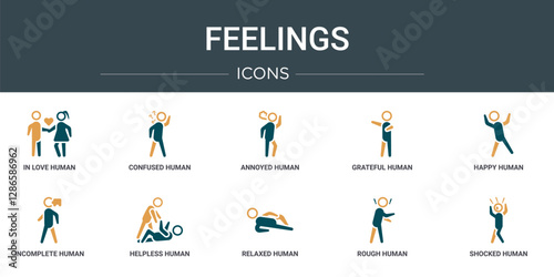 set of 10 outline web feelings icons such as in love human, confused human, annoyed human, grateful happy incomplete helpless vector icons for report, presentation, diagram, web design, mobile app