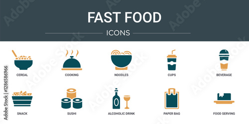 set of 10 outline web fast food icons such as cereal, cooking, noodles, cups, beverage, snack, sushi vector icons for report, presentation, diagram, web design, mobile app