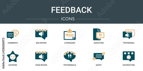 set of 10 outline web feedback icons such as comments, bad review, clipboards, quotation, testimonial, satisfied, good review vector icons for report, presentation, diagram, web design, mobile app