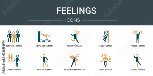set of 10 outline web feelings icons such as content human, hopeless human, crappy human, lazy pissed lonely broken vector icons for report, presentation, diagram, web design, mobile app