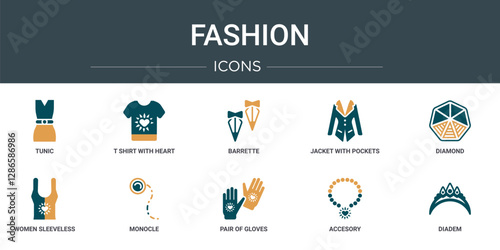 set of 10 outline web fashion icons such as tunic, t shirt with heart, barrette, jacket with pockets, diamond, women sleeveless shirt, monocle vector icons for report, presentation, diagram, web